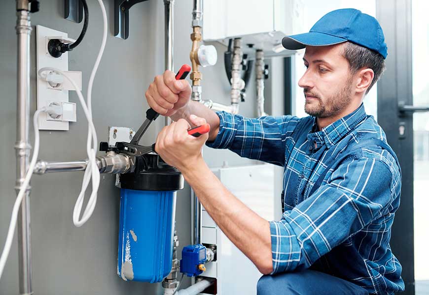 Young plumber or technician installing or repairing system of water filtration